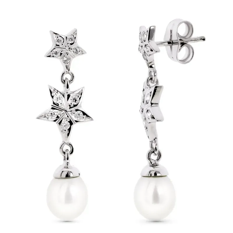 Pendientes oro blanco 18k mujer largos estrellas combinadas perlas pr