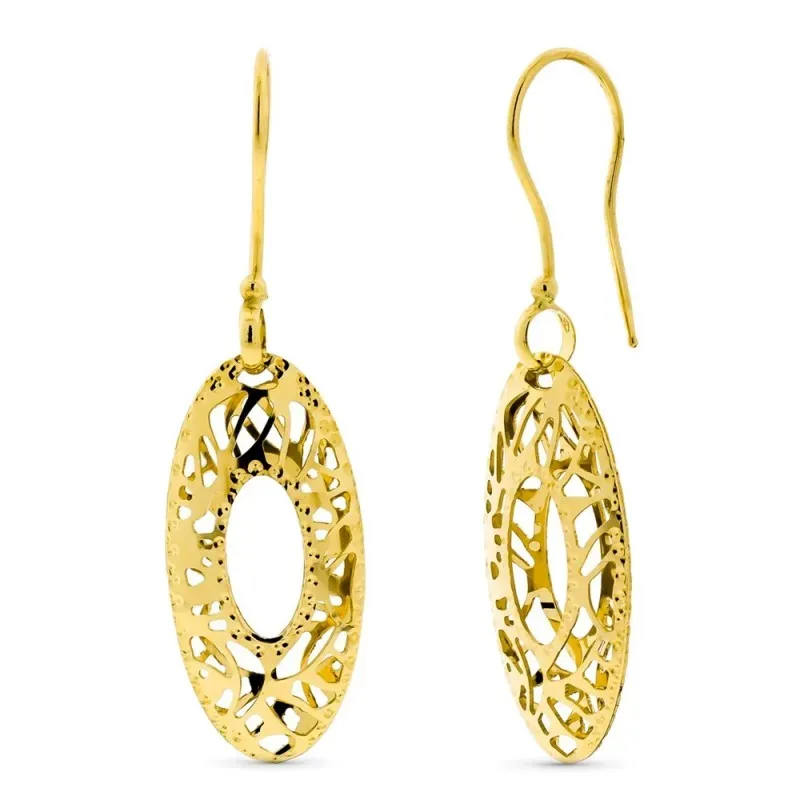 Pendientes oro 18k mujer largos ovalados tallados calados