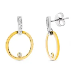Pendientes oro bicolor 18k mujer largos 21 mm. aro combinado circonit