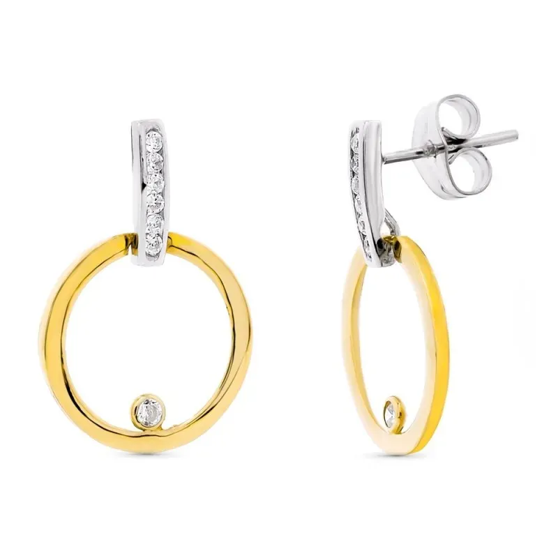 Pendientes oro bicolor 18k mujer largos 21 mm. aro combinado circonit