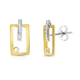 Pendientes oro bicolor 18k mujer largos rectangular calado circonitas