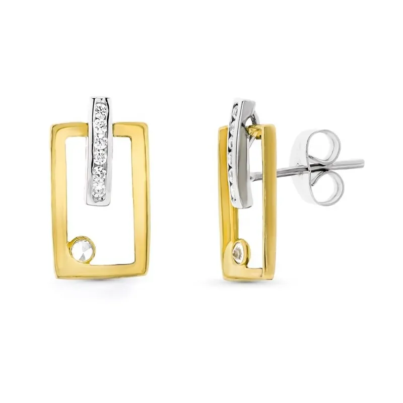 Pendientes oro bicolor 18k mujer largos rectangular calado circonitas