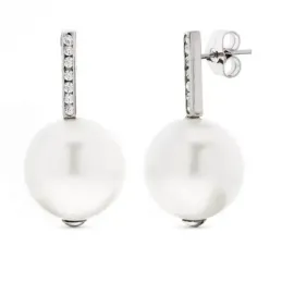 Pendientes oro blanco 18k mujer largos perla 14 mm. combinada circoni