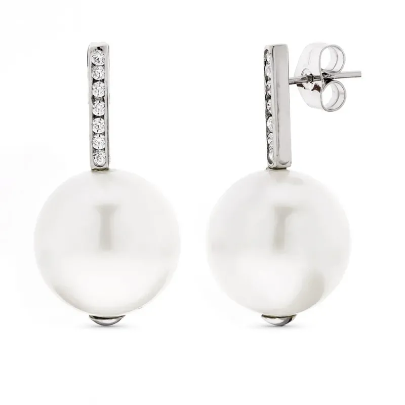 Pendientes oro blanco 18k mujer largos perla 14 mm. combinada circoni