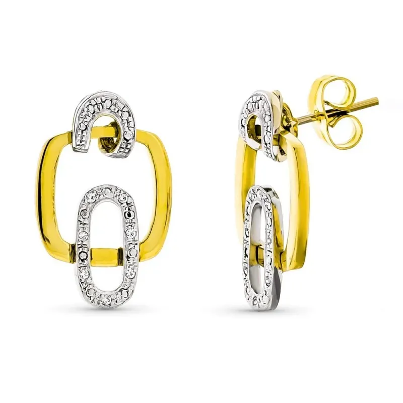Pendientes oro bicolor 18k mujer largos formas cuadradas caladas comb