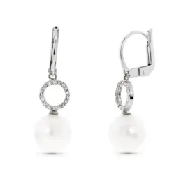 Pendientes oro blanco 18k mujer largos círculo calado combinado perla