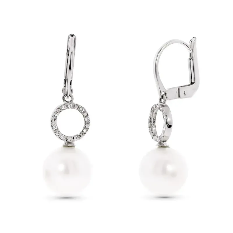 Pendientes oro blanco 18k mujer largos círculo calado combinado perla