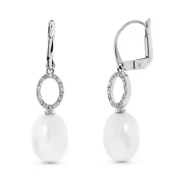 Pendientes oro blanco 18k mujer largos oval calados combinados perlas