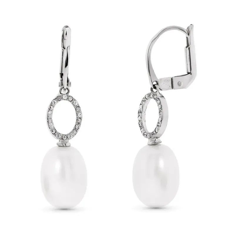 Pendientes oro blanco 18k mujer largos oval calados combinados perlas