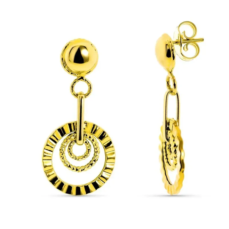 Pendientes oro 18k mujer largos bola combinada círculos calados talla