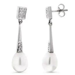 Pendientes oro blanco 18k mujer largos circonitas combinadas perlas p