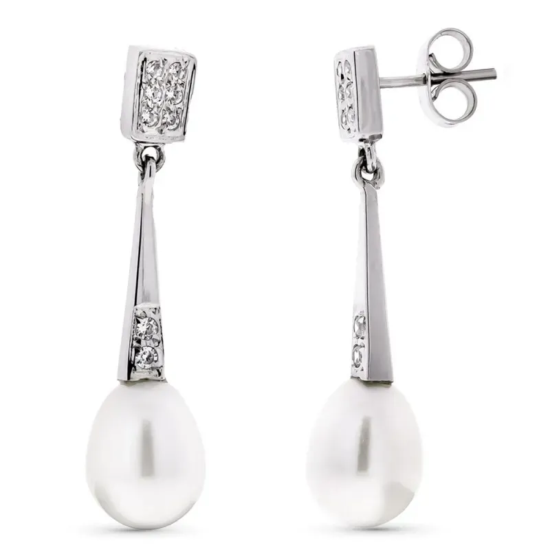 Pendientes oro blanco 18k mujer largos circonitas combinadas perlas p