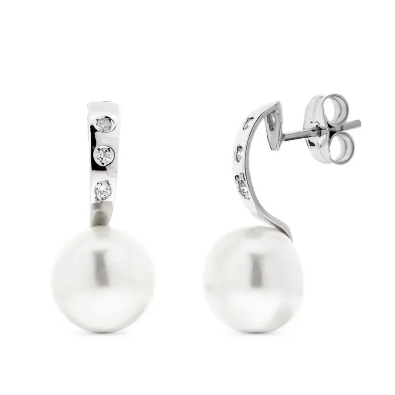 Pendientes oro blanco 18k mujer largos circonitas combinadas perlas b