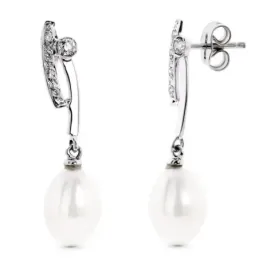 Pendientes oro blanco 18k mujer largos circonitas combinadas perlas b