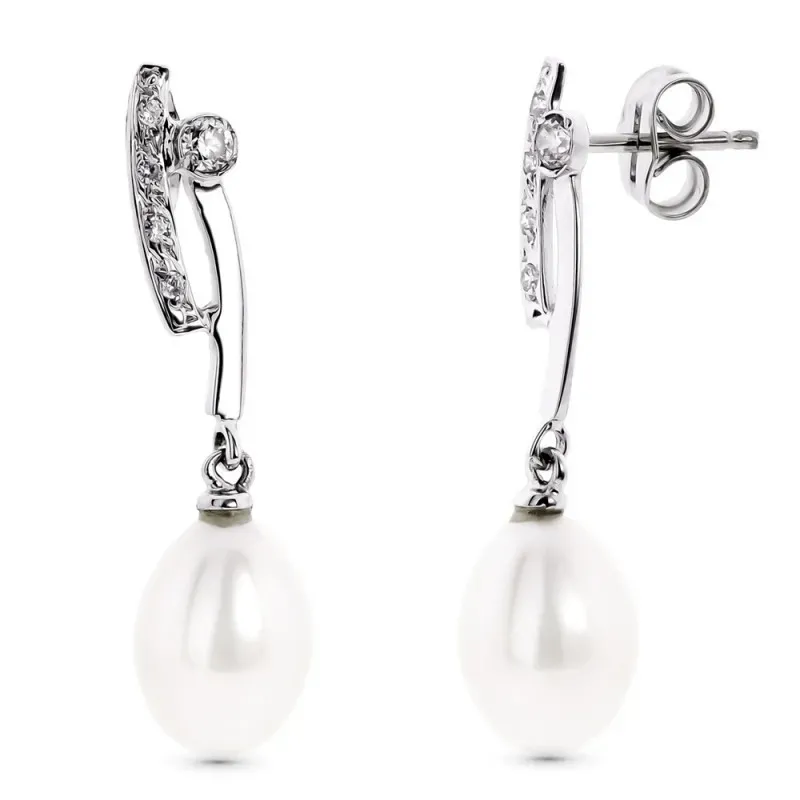 Pendientes oro blanco 18k mujer largos circonitas combinadas perlas b