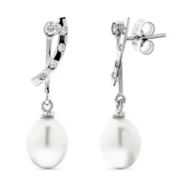 Pendientes oro blanco 18k mujer largos circontas combinados perlas fo