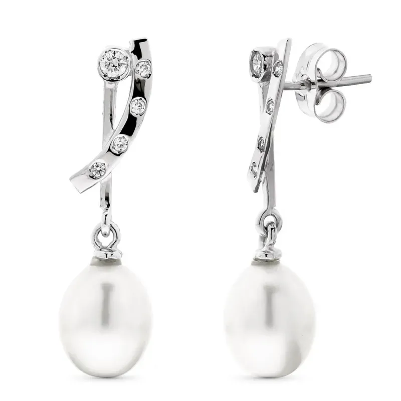 Pendientes oro blanco 18k mujer largos circontas combinados perlas fo