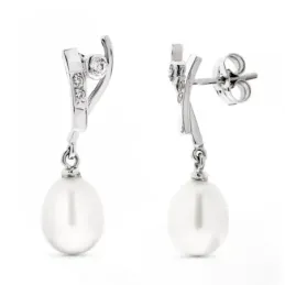 Pendientes oro blanco 18k mujer largos perlas combinadas formas circo