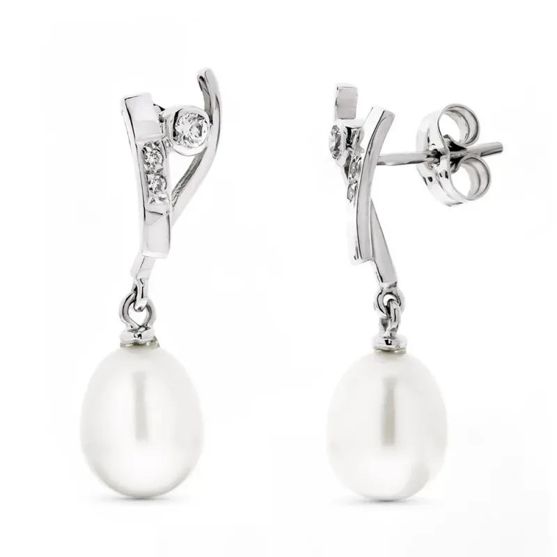 Pendientes oro blanco 18k mujer largos perlas combinadas formas circo
