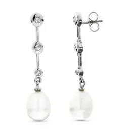 Pendientes oro blanco 18k mujer largos circonitas combinadas perlas b