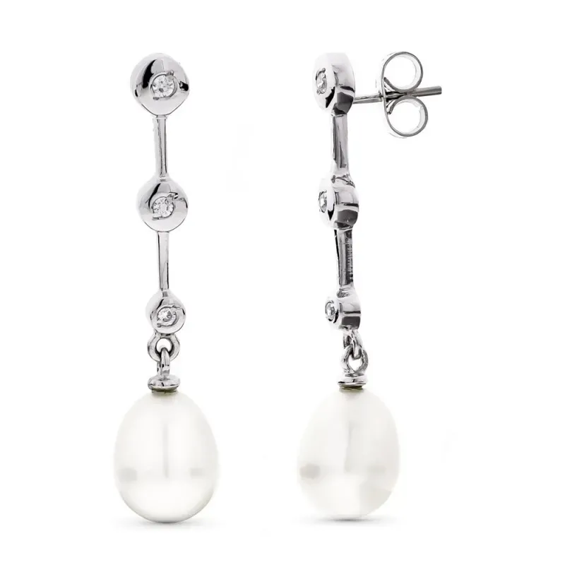 Pendientes oro blanco 18k mujer largos circonitas combinadas perlas b