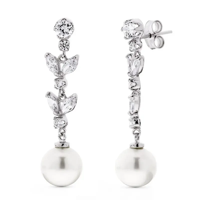 Pendientes oro blanco 18k mujer largos circonitas formas hoja combina