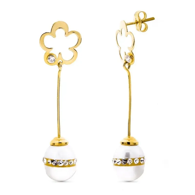 Pendientes oro 18k mujer largos flor calada barra vertical combinada