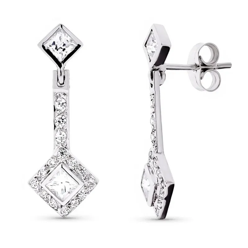 Pendientes oro blanco 18k mujer largos 24 mm. circonitas barras combi