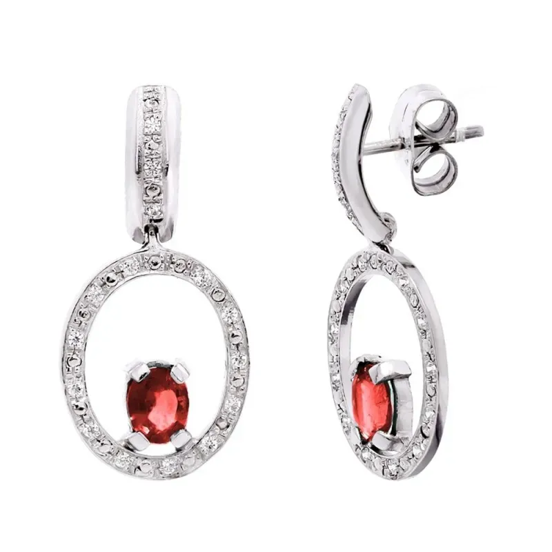 Pendientes oro blanco 18k mujer largos rubí combinado círculo calado