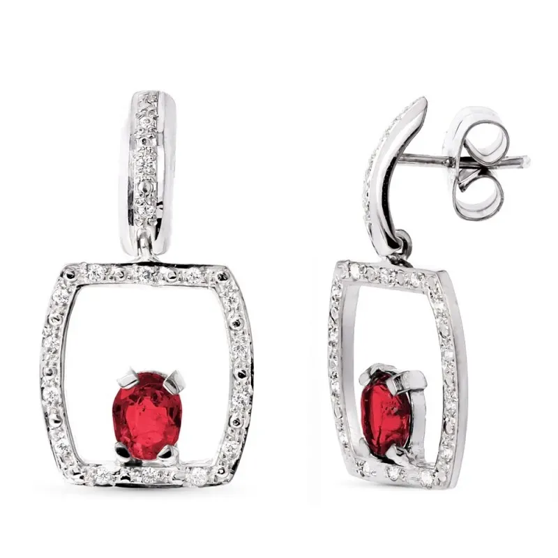 Pendientes oro blanco 18k mujer largos rubí combinado forma rectangul