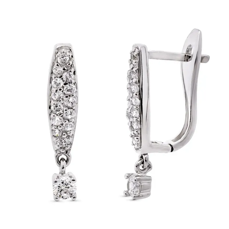 Pendientes oro blanco 18k mujer largos 20 mm. forma ovalada circonita