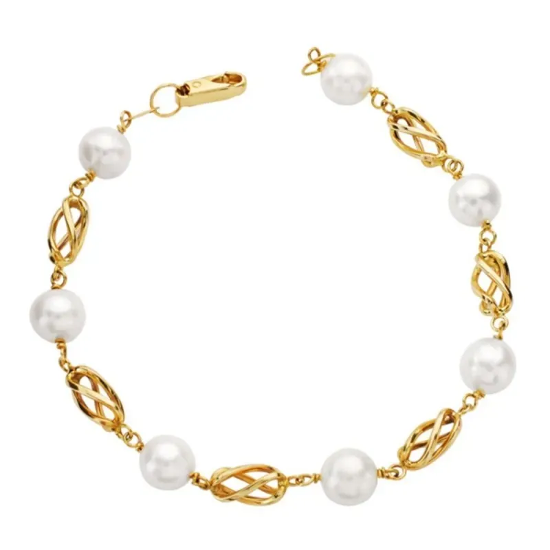 Pulsera oro 18k mujer 19 cm. jaulas combinadas perlas redondas mosque