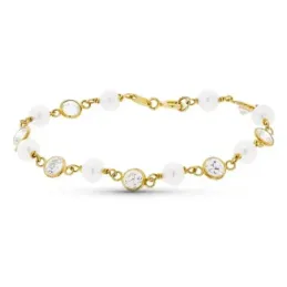 Pulsera oro 18k niña 16.5 cm. circonitas combinadas perlas reasa