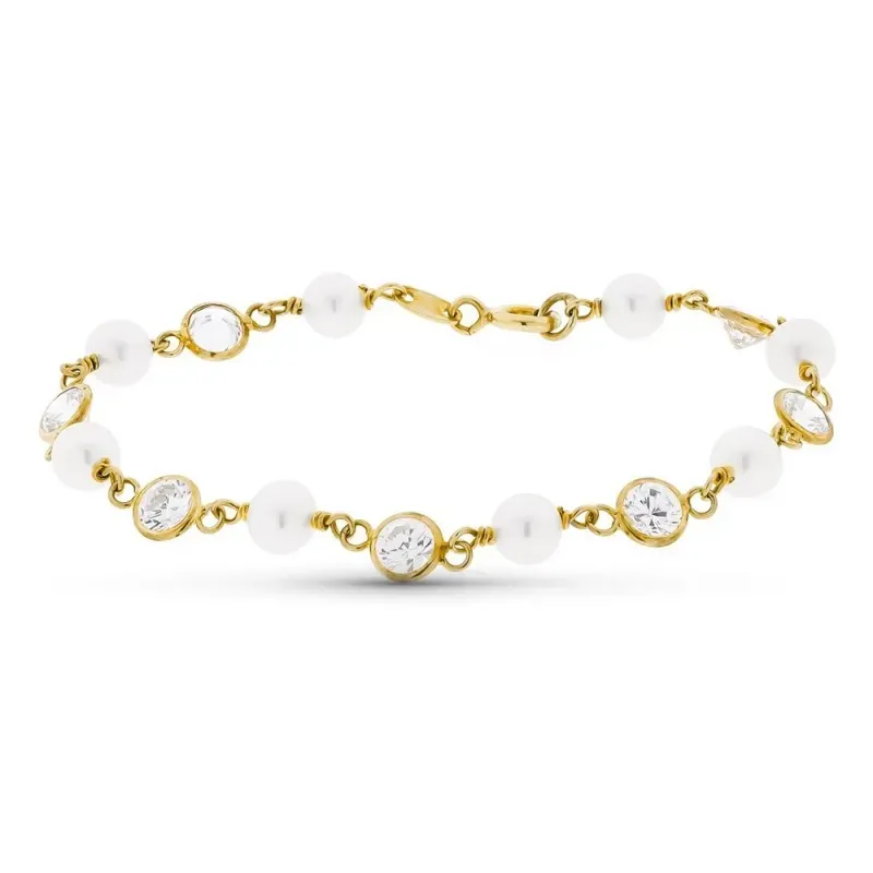 Pulsera oro 18k niña 16.5 cm. circonitas combinadas perlas reasa