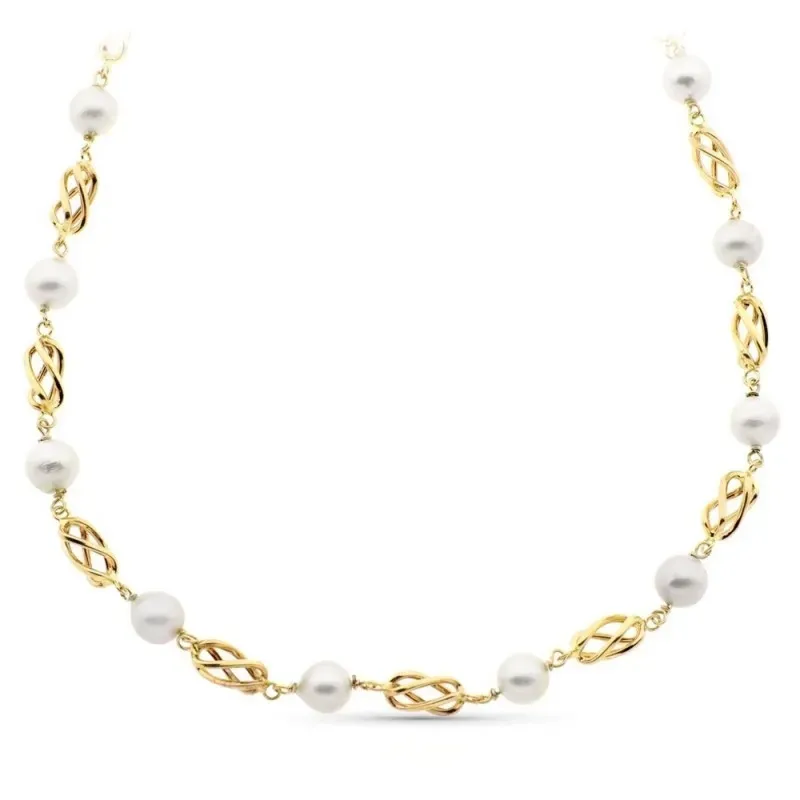 Cadena oro 18k mujer 50 cm. jaulas combinadas perlas mosquetón