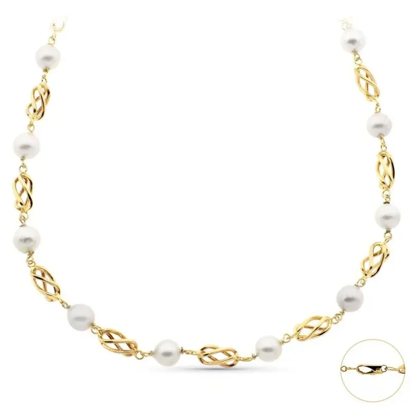 Cadena oro 18k mujer 50 cm. jaulas combinadas perlas mosquetón