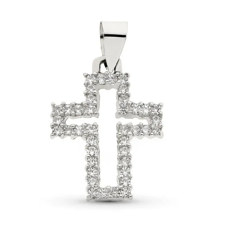 Cruz colgante oro blanco 18k mujer 23 mm. calada circonitas