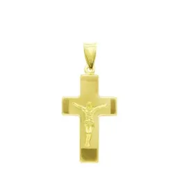 Cruz colgante oro 18k Cristo 27 mm. hueca mate bordes láser