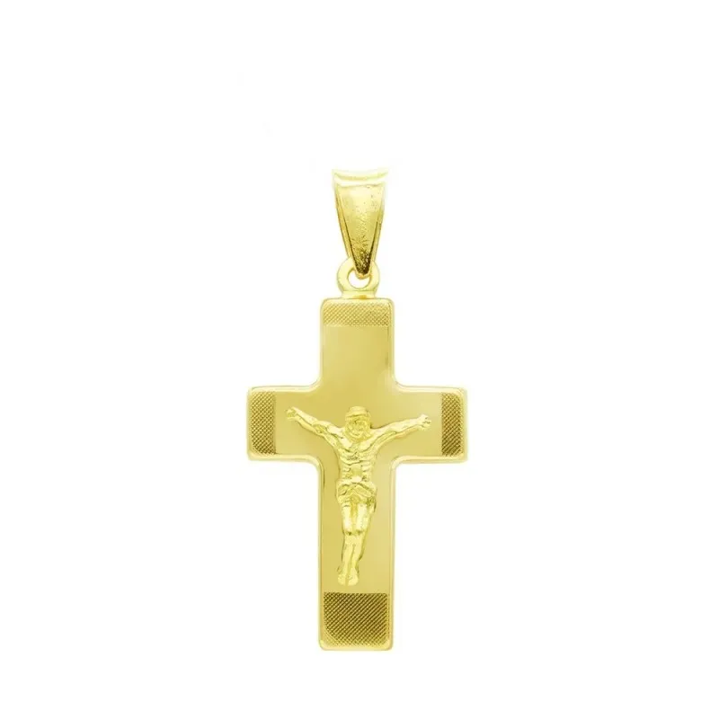 Cruz colgante oro 18k Cristo 27 mm. hueca mate bordes láser
