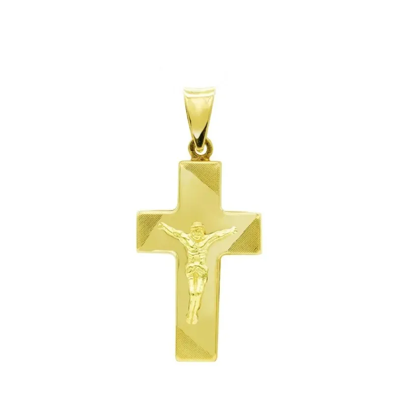 Cruz colgante oro 18k Cristo 27 mm. detalles esquinas hueca