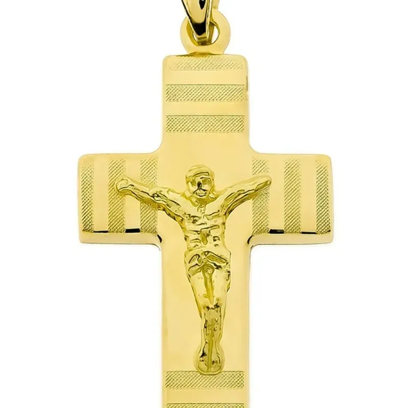 Cruz colgante oro 18k Cristo 27 mm. detalles mate brillo hueca