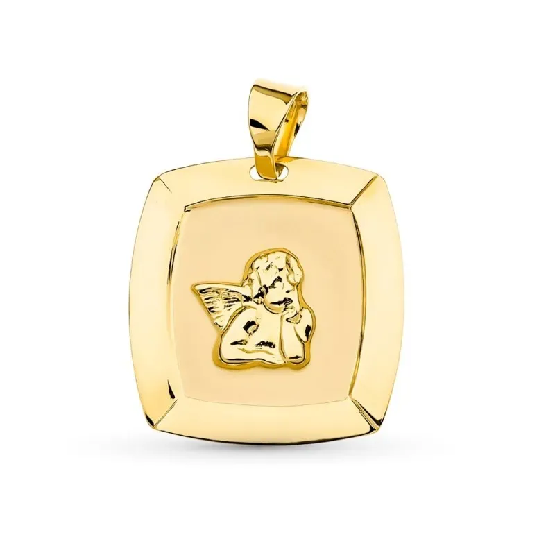 Medalla oro 18k ángel burlón 19 mm. centro bordes relieve detalle esq