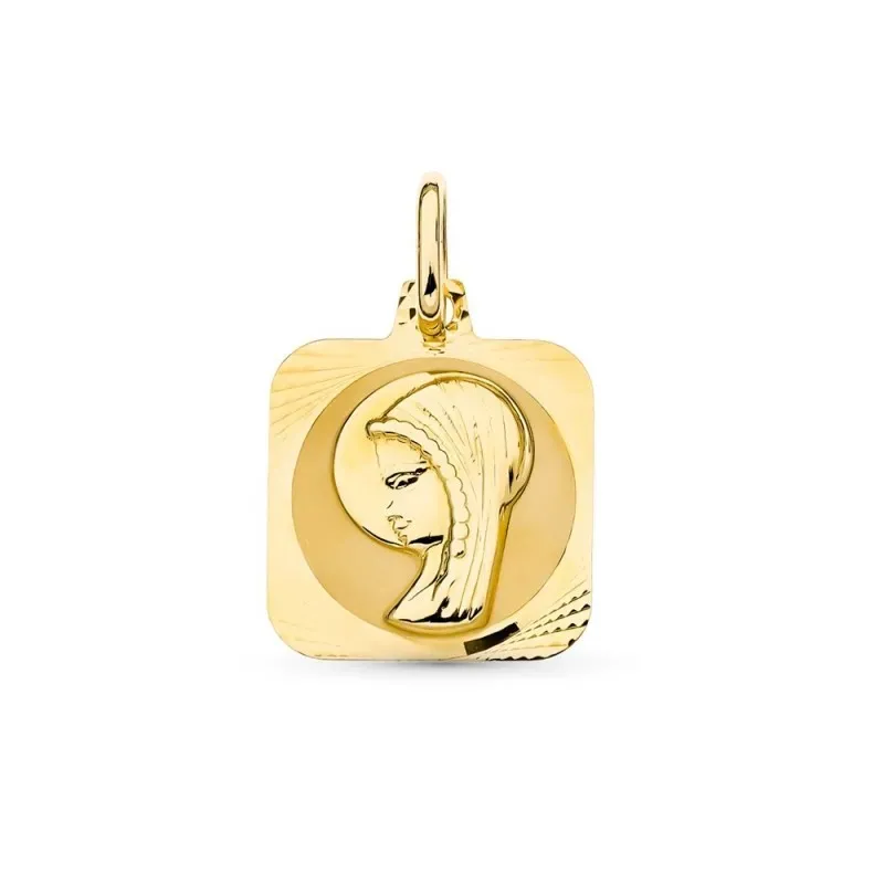 Medalla oro 18k Virgen Niña 16 mm. círculo interior forma cuadrada