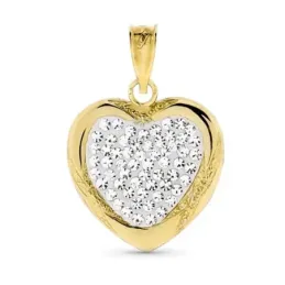 Colgante oro bicolor 18k mujer corazón circonitas bordes relieve
