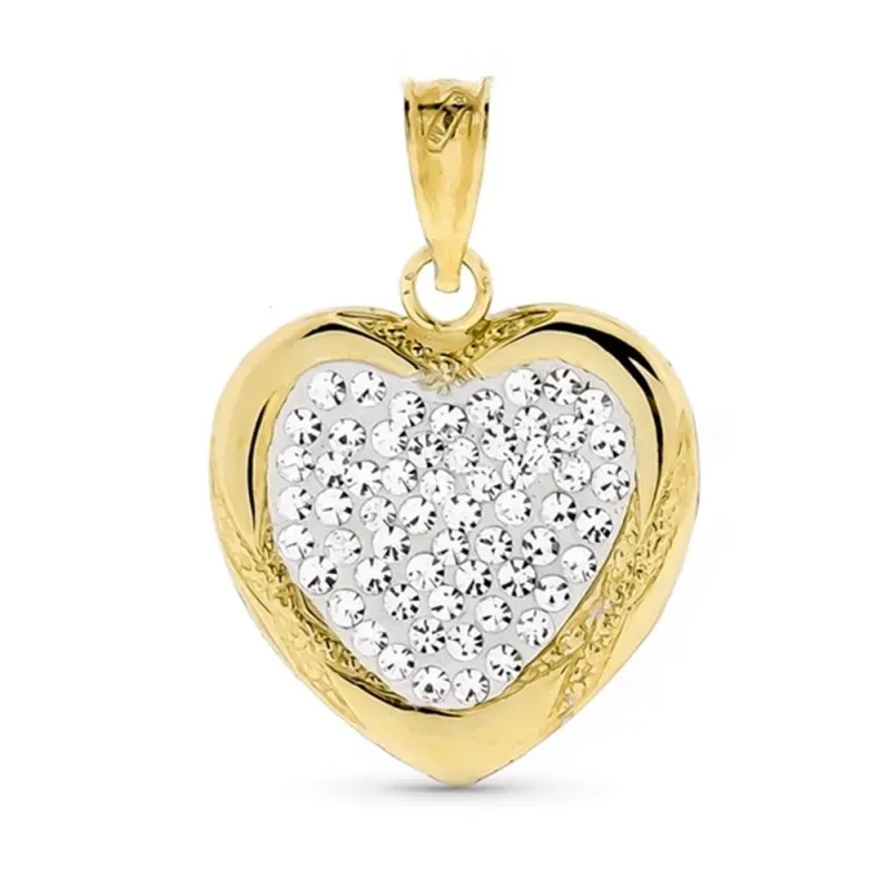 Colgante oro bicolor 18k mujer corazón circonitas bordes relieve