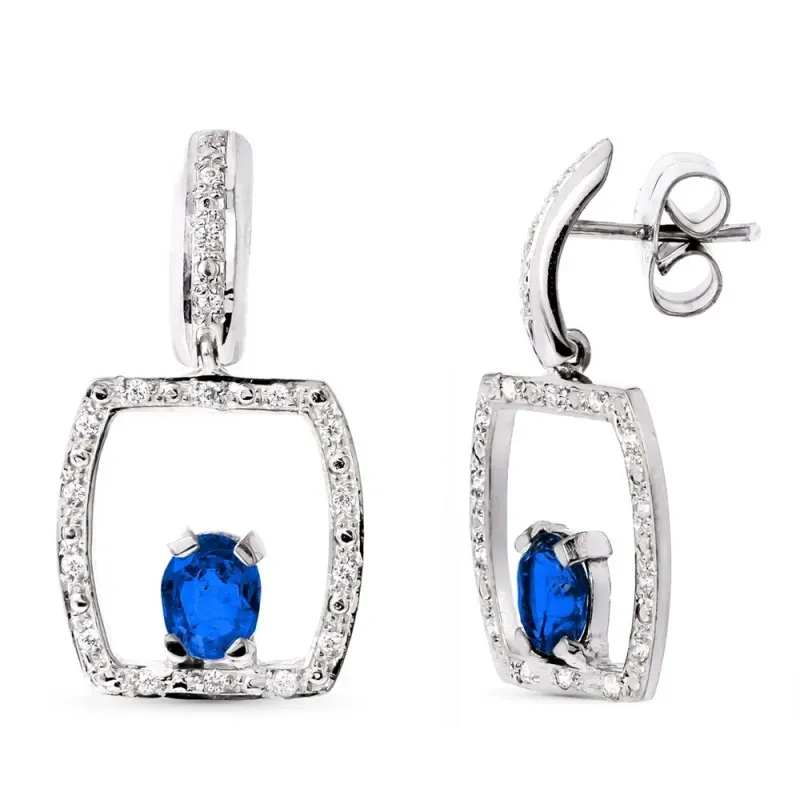 Pendientes oro blanco 18k mujer largos forma rectangular calada circo