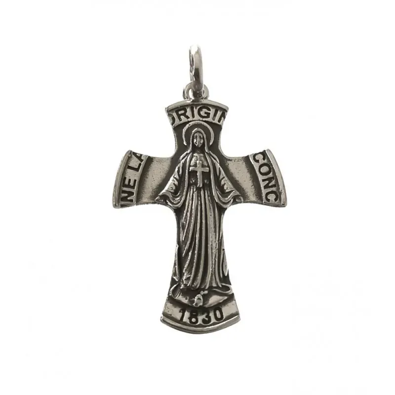 Cruz colgante plata Ley 925m Virgen de la Milagrosa 41mm. Inscripcion