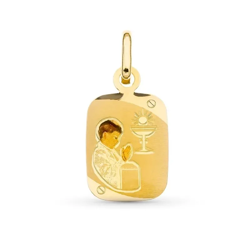Medalla oro 18k  primera comunión niño 20 mm. rectangular esmaltada c