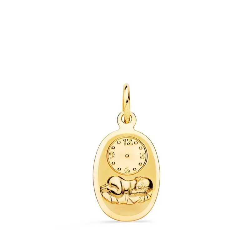 Medalla oro 18k bebé 18 mm. recién nacido brillo mate hora