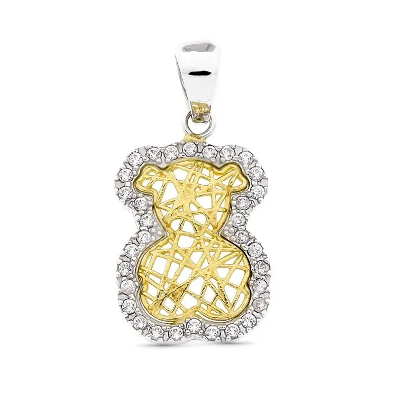 Colgante oro bicolor 18k mujer forma osito combinado bordes circonita